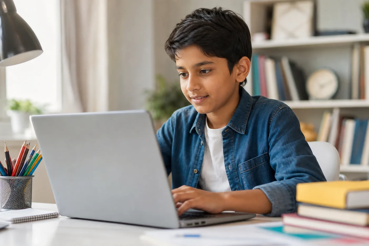 Child in a live online coding class with a mentor on a laptop