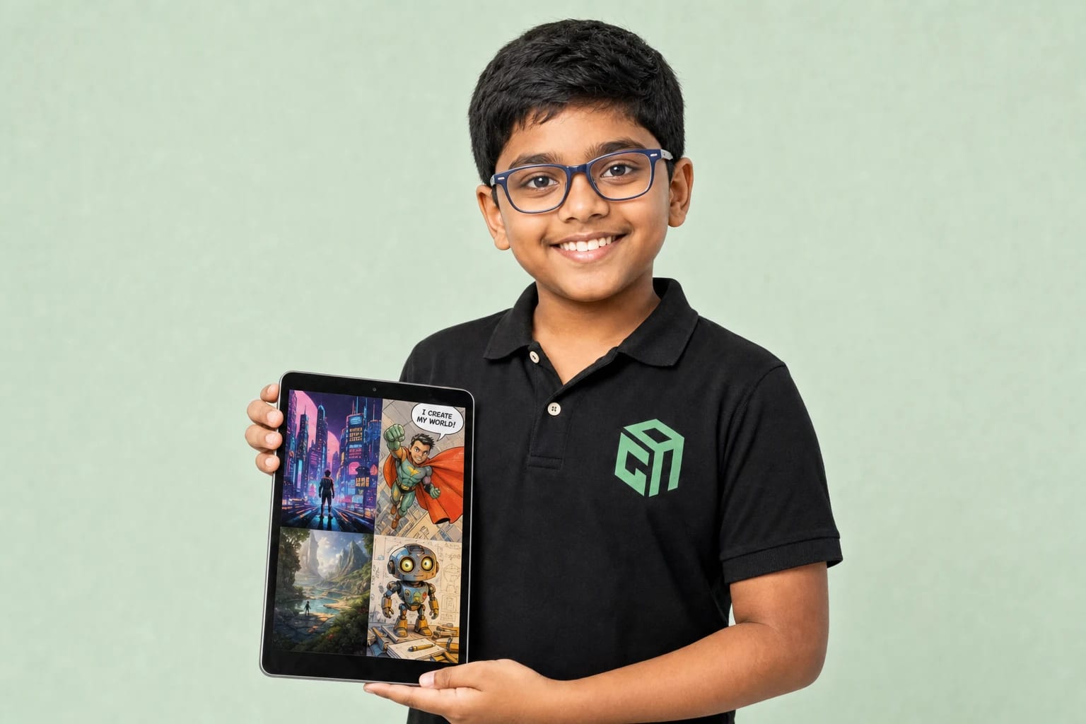 GeekashramJr student in black Geekashram polo creating everyday artificial intelligence projects GeekashramJr student in black Geekashram polo creating everyday artificial intelligence projects
