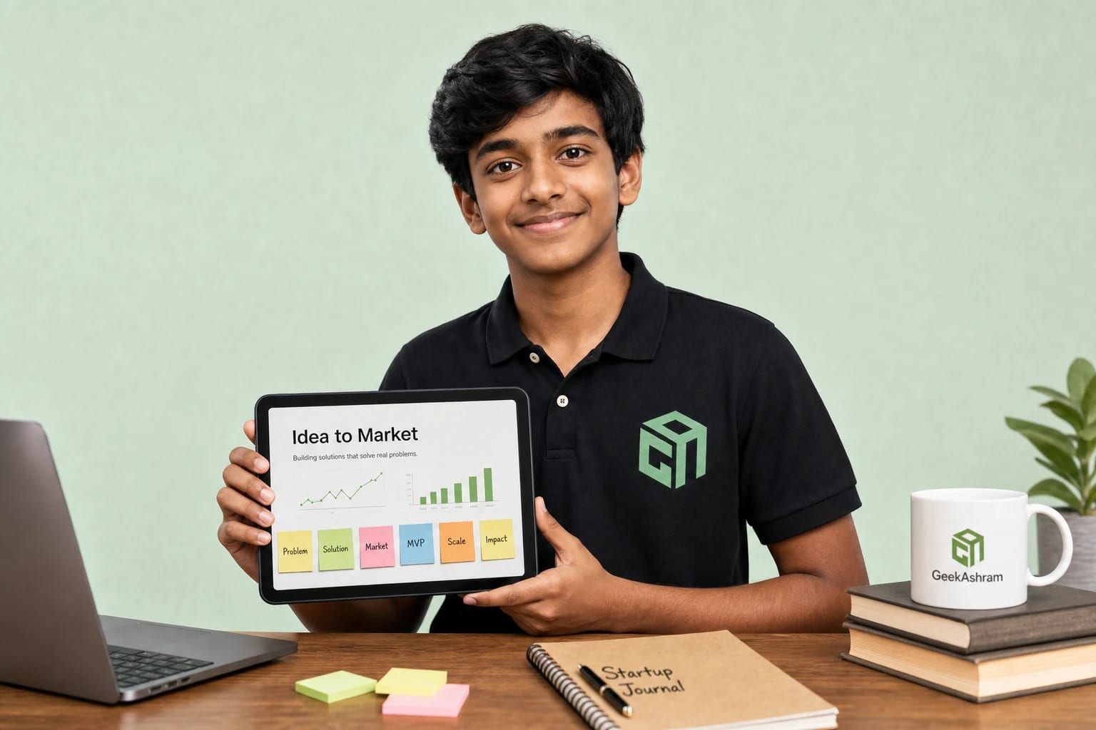 GeekashramJr student in black Geekashram polo building a startup idea into a pitch GeekashramJr student in black Geekashram polo building a startup idea into a pitch