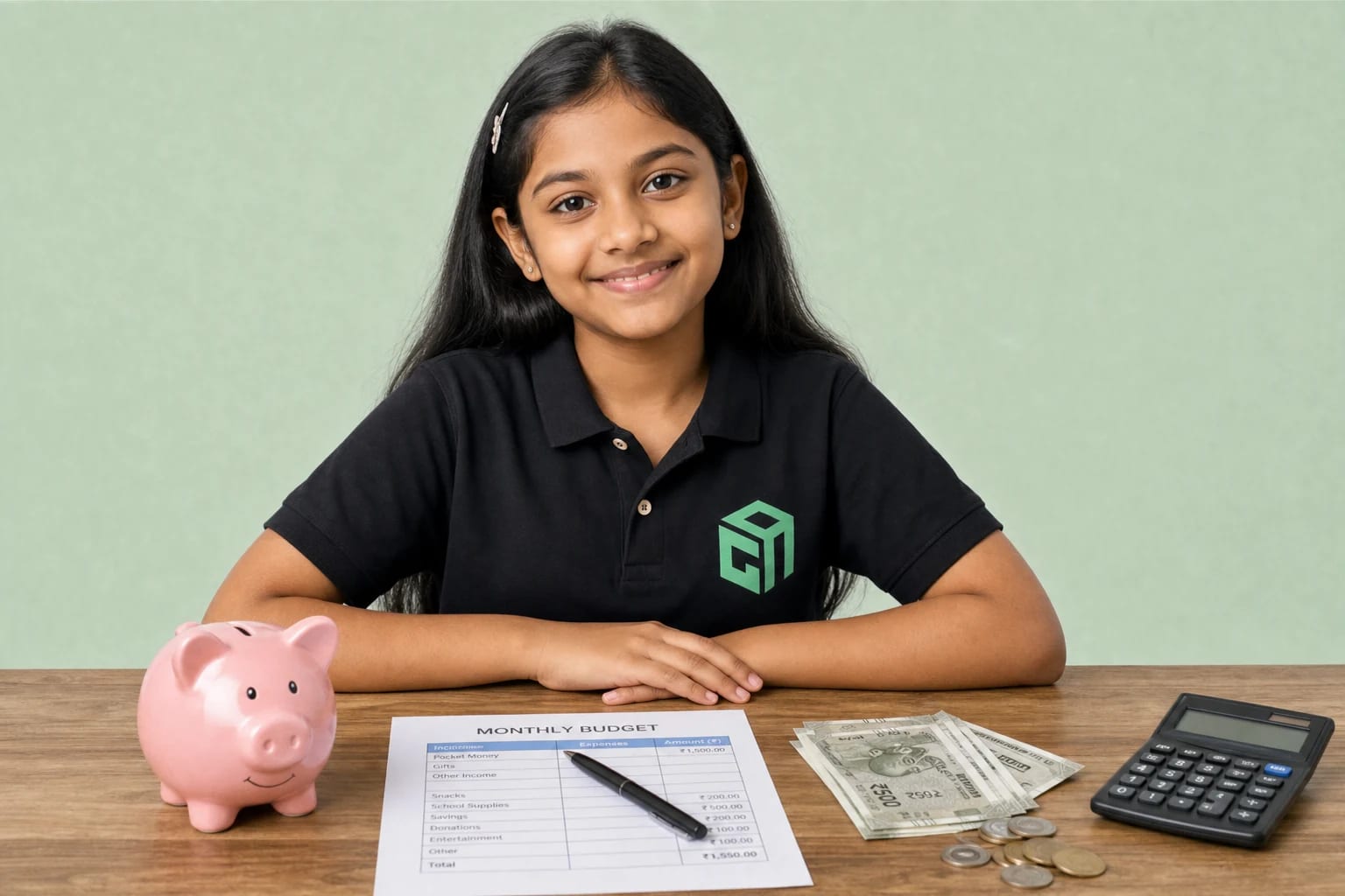 GeekashramJr student in black Geekashram polo learning money management, saving, budgeting, and financial safety GeekashramJr student in black Geekashram polo learning money management, saving, budgeting, and financial safety