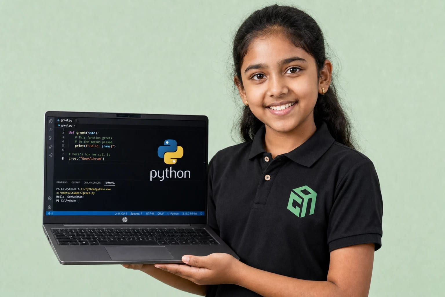 GeekashramJr student in black Geekashram polo learning Python programming and artificial intelligence GeekashramJr student in black Geekashram polo learning Python programming and artificial intelligence