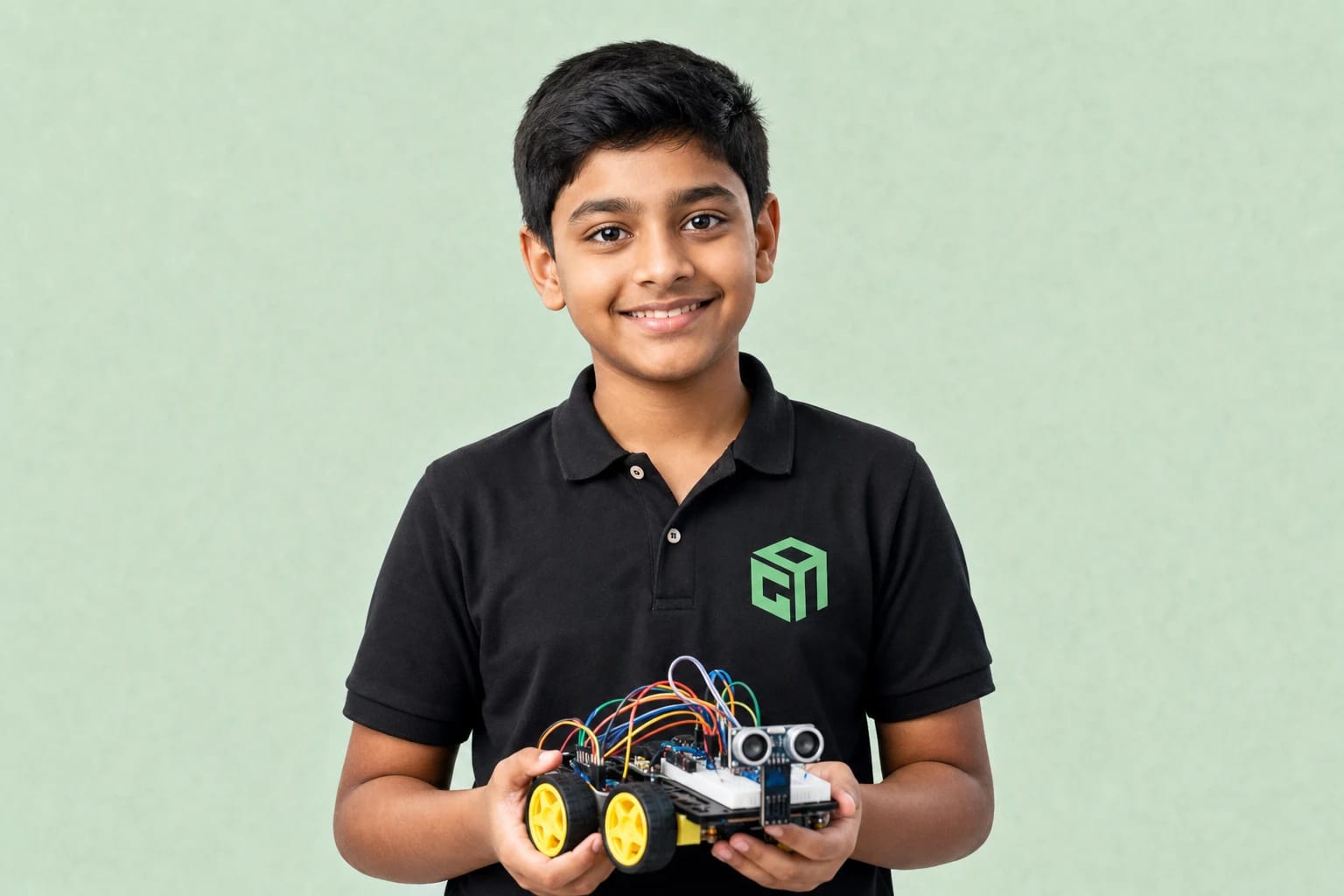 GeekashramJr student in black Geekashram polo building and programming robots with sensors and circuits GeekashramJr student in black Geekashram polo building and programming robots with sensors and circuits