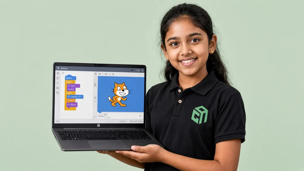 GeekashramJr student in black Geekashram polo learning Scratch block coding with sprites and games GeekashramJr student in black Geekashram polo learning Scratch block coding with sprites and games