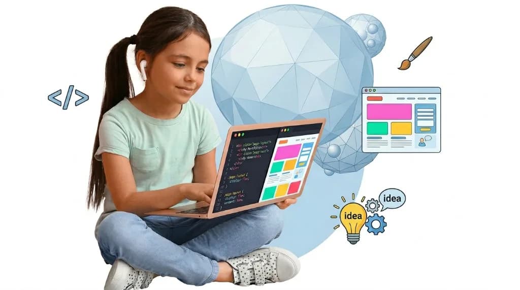 Child learning web development with HTML CSS and JavaScript