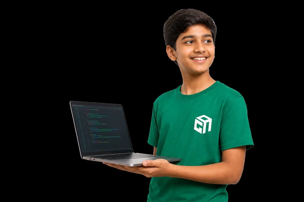 A GeekashramJr student holding a laptop running the game they coded. A GeekashramJr student holding a laptop running the game they coded.
